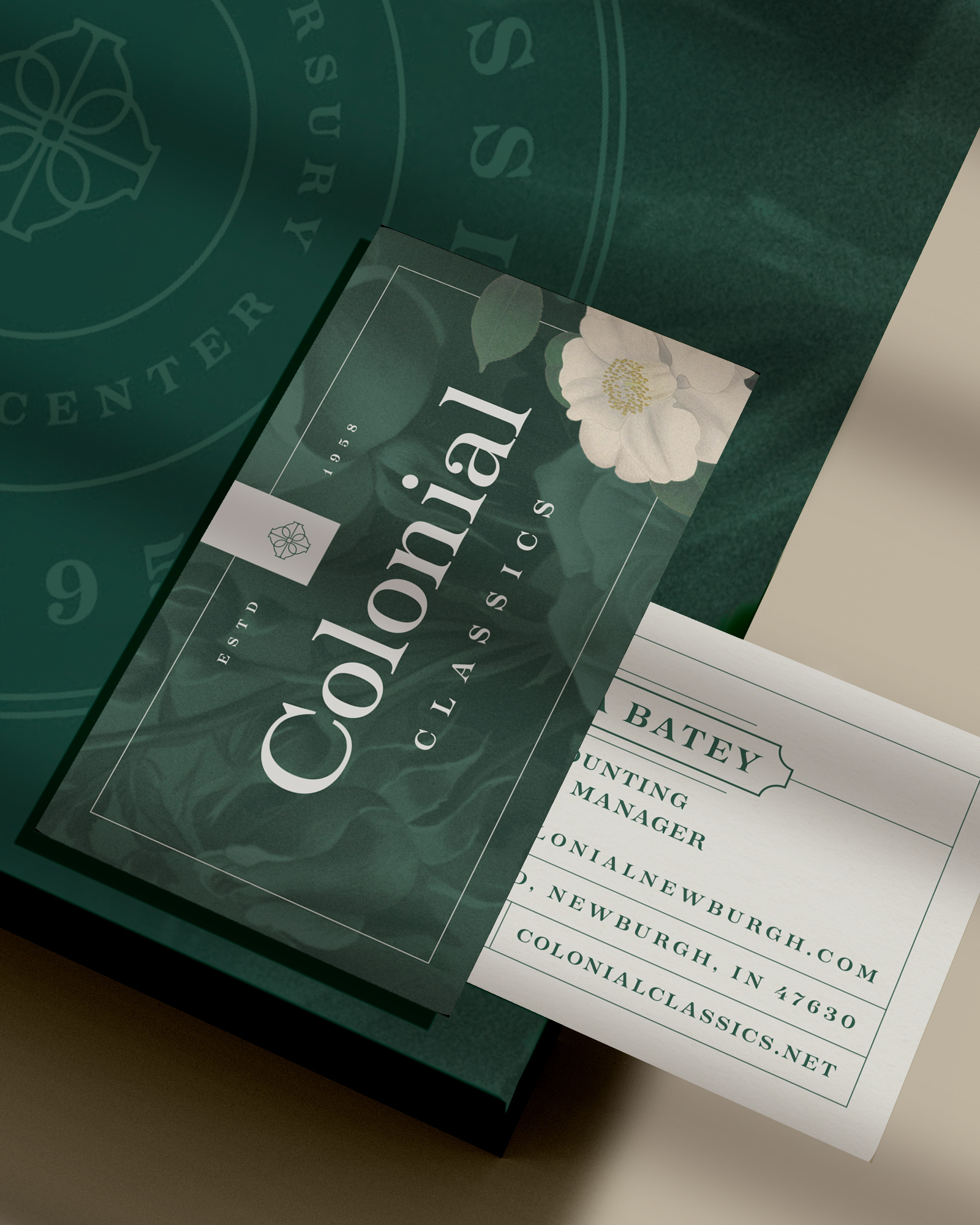 Colonial Gardens business card branding.