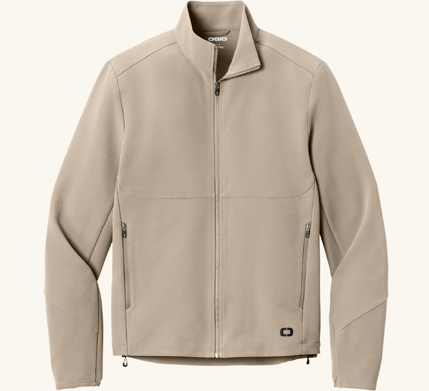 Beige zip-up jacket with pockets.