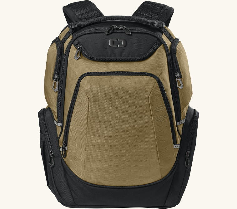 Black and tan backpack with zippers.