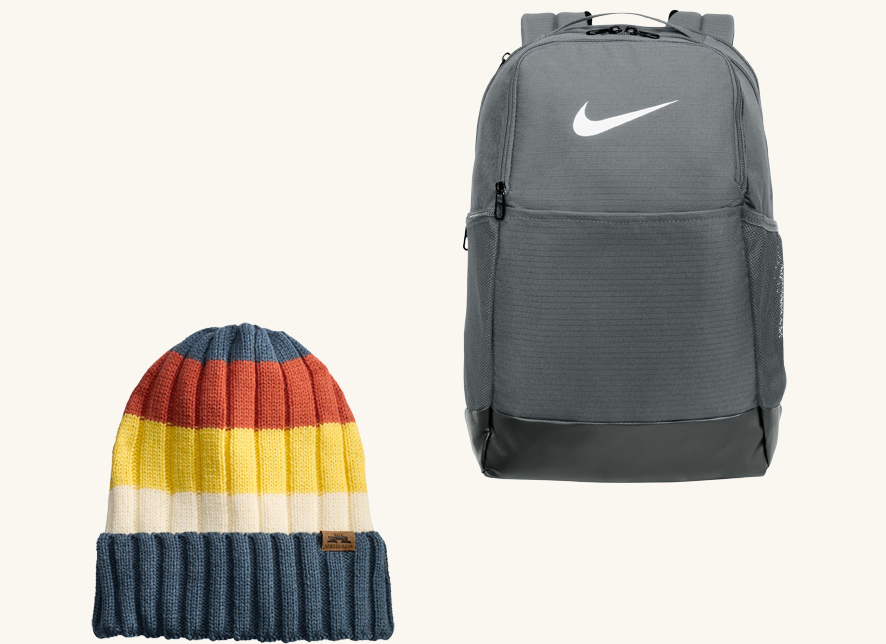 Gray backpack and colorful beanie.