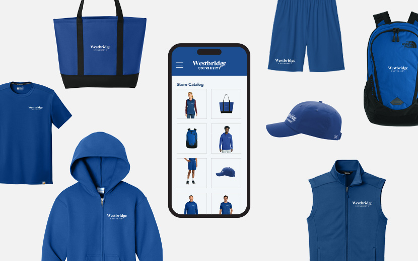 Blue university merchandise and mobile catalog.
