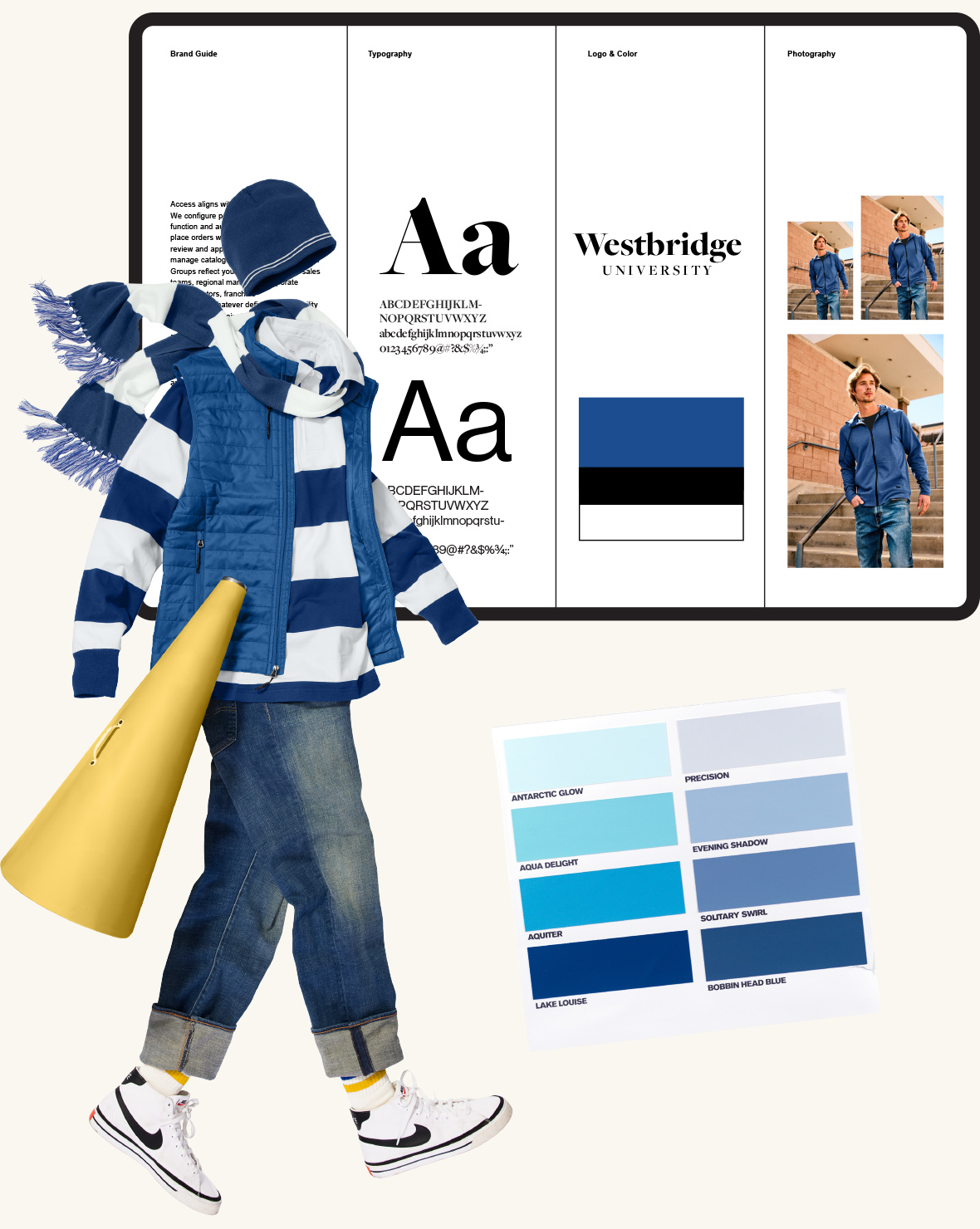 Brand guidelines and fashion elements displayed.