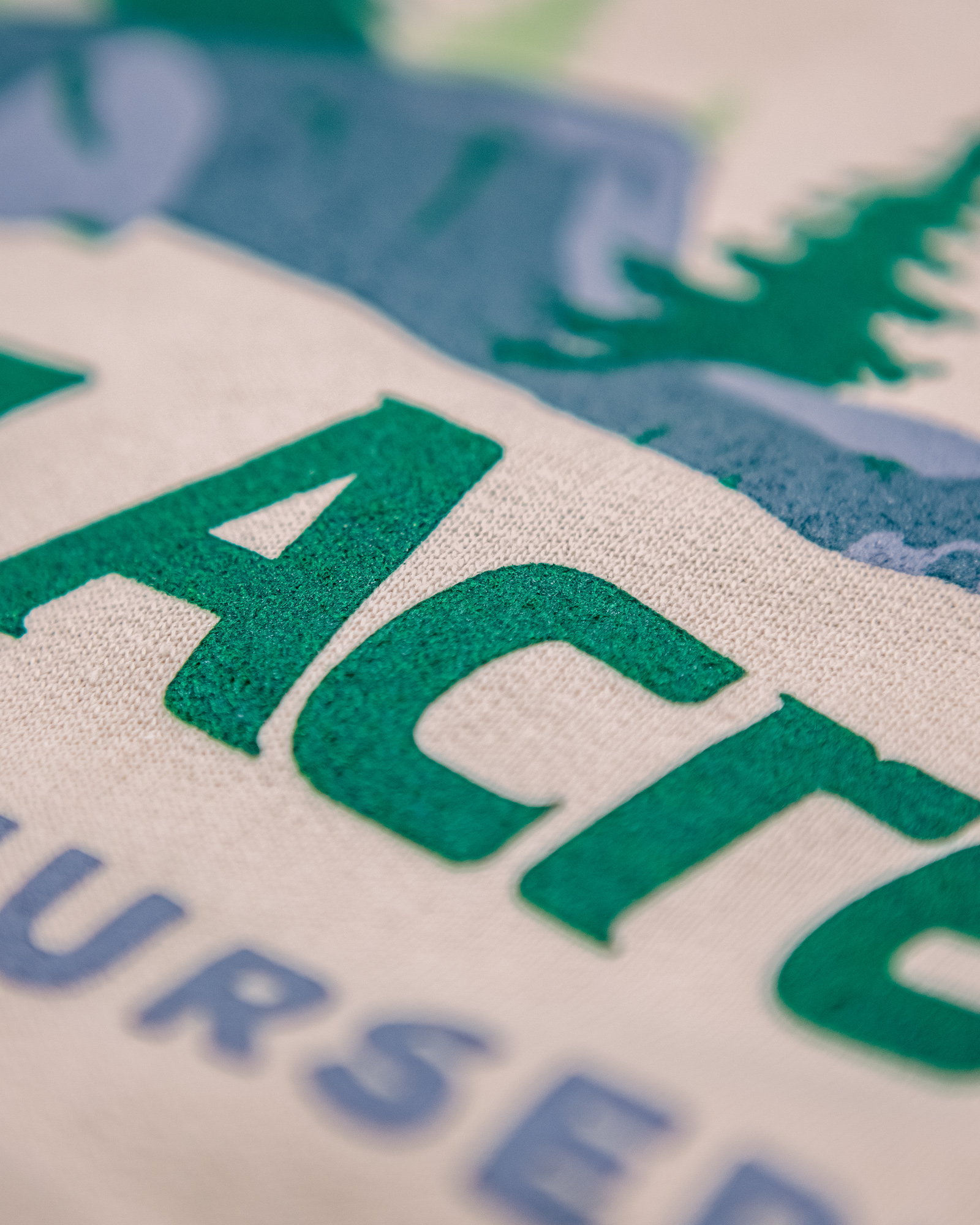 Close up of screen printed t-shirt graphic.