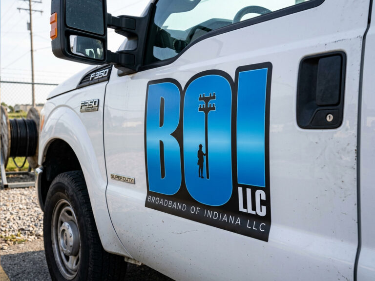 Broadband of Indiana logo sign on the door of a white work truck.