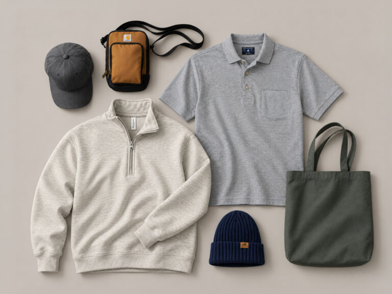 Polo, quarter-zip pullover, cap, beanie, tote and small shoulder bag arranged together.