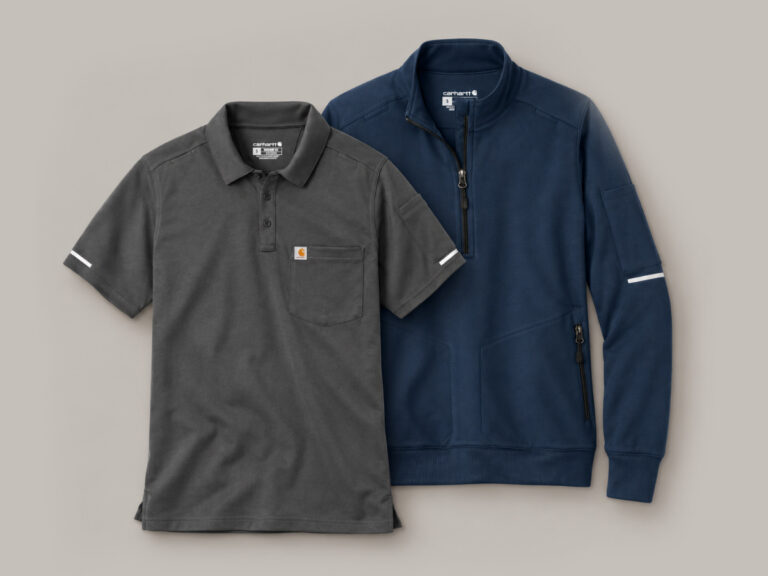 Charcoal short-sleeve work polo beside a navy quarter-zip pullover with reflective sleeve accents.