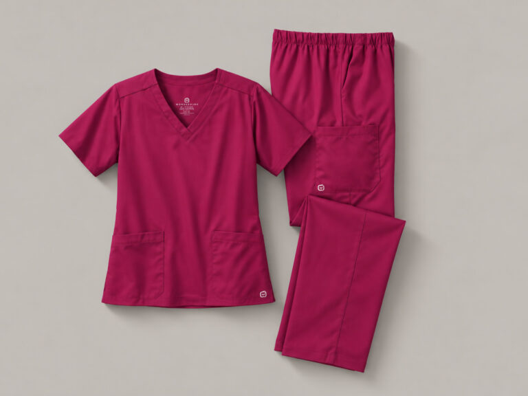 Burgundy V-neck scrub top and matching pants arranged flat.