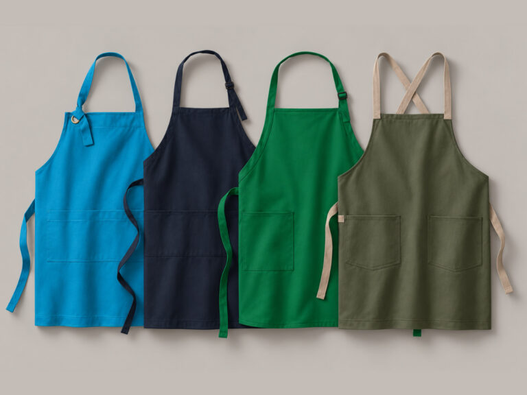 Four bib aprons in blue, navy, green and olive hanging side by side.