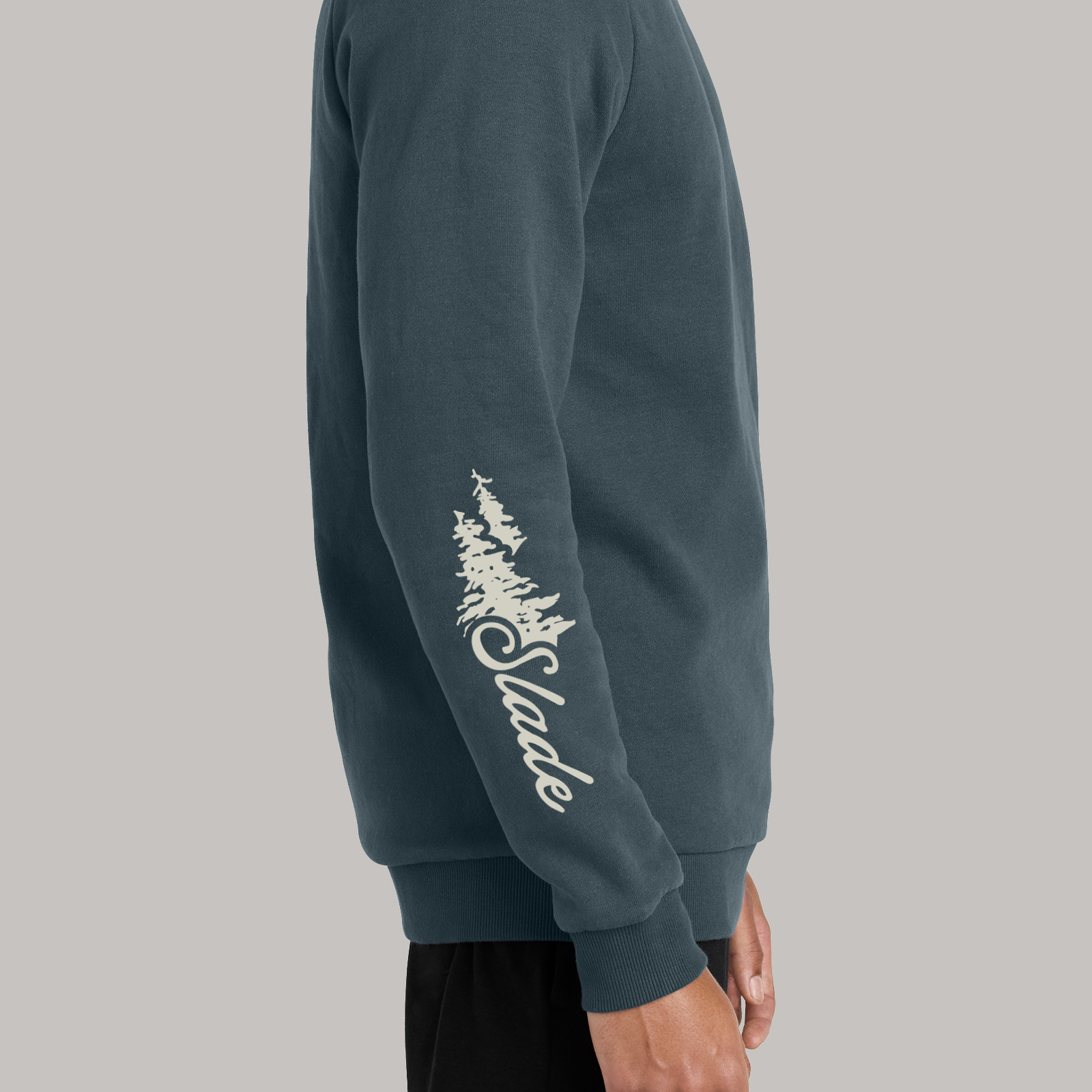 Dark sweatshirt with a Slade graphic printed along the forearm of one sleeve.