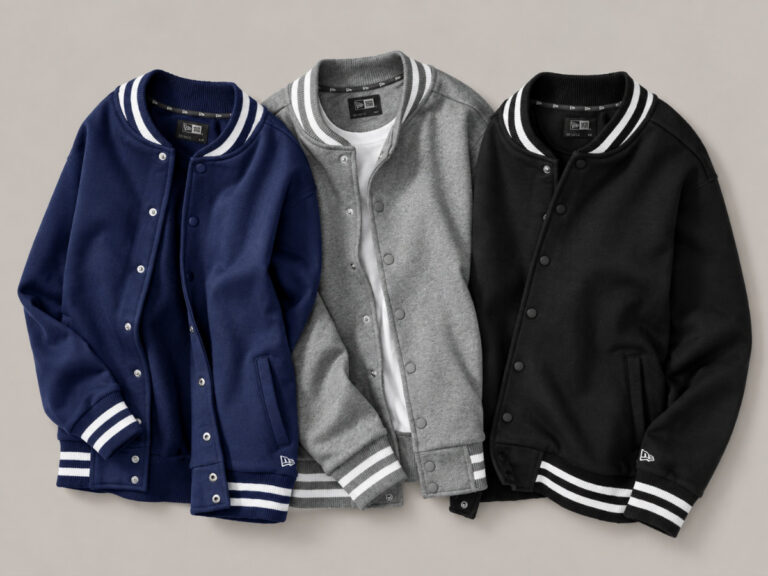 Navy, gray and black varsity jackets with striped collars, cuffs and waistbands.
