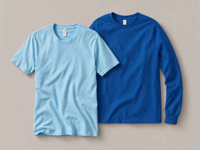 Light blue short-sleeve T-shirt beside a royal blue long-sleeve T-shirt.