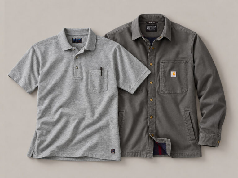Gray short-sleeve work polo beside a charcoal long-sleeve button-down work shirt.