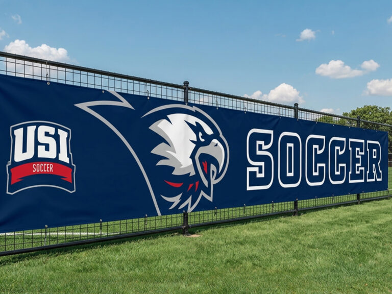 Blue USI Soccer fence banner with an eagle mascot and large "Soccer" lettering.
