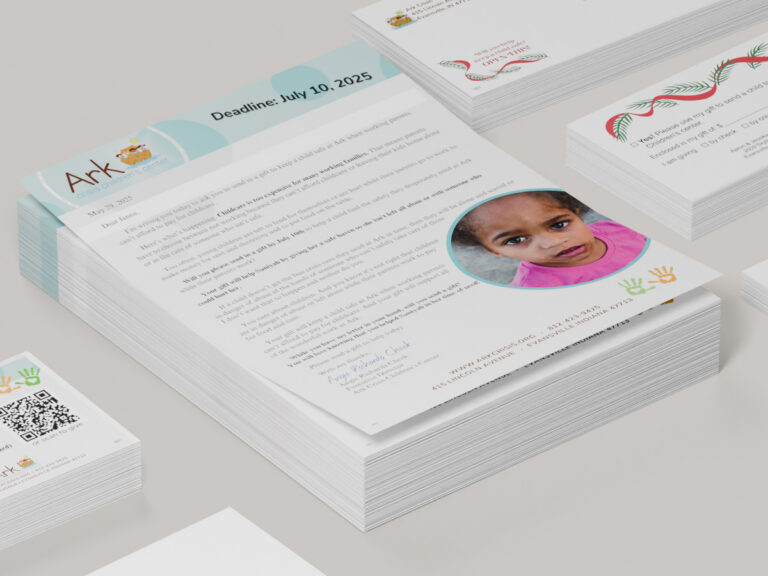 Printed Ark Crisis Children’s Center fundraising letters with a child’s photograph, donation cards and envelopes.