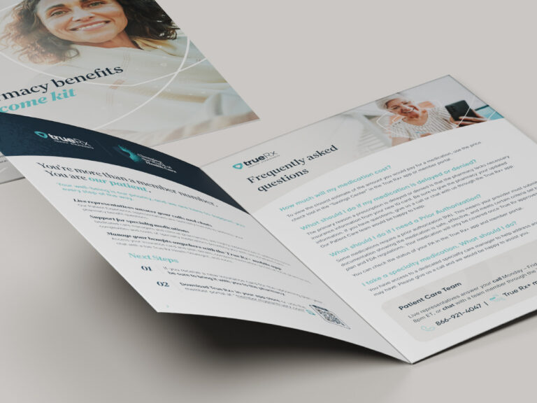 Folded True Rx pharmacy benefits brochures showing welcome information, frequently asked questions and photographs.