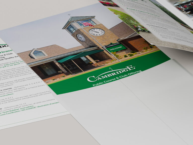 Printed Cambridge golf course and club booklet with a clubhouse photograph and pages describing its offerings.