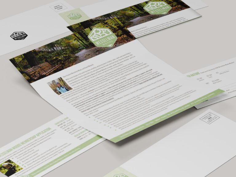 Wesselman Woods fundraising letter with woodland photographs, matching envelopes and membership forms.