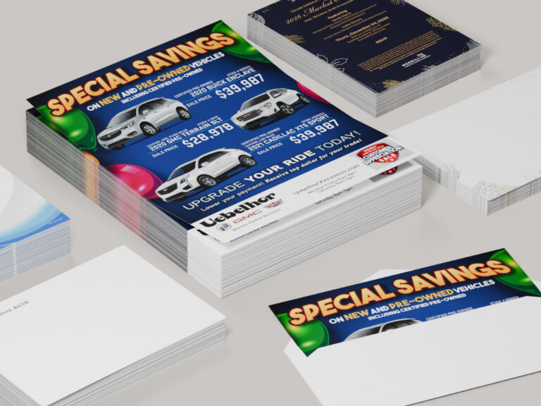 Printed vehicle savings mailers with car photographs and prices, alongside event invitations and envelopes.