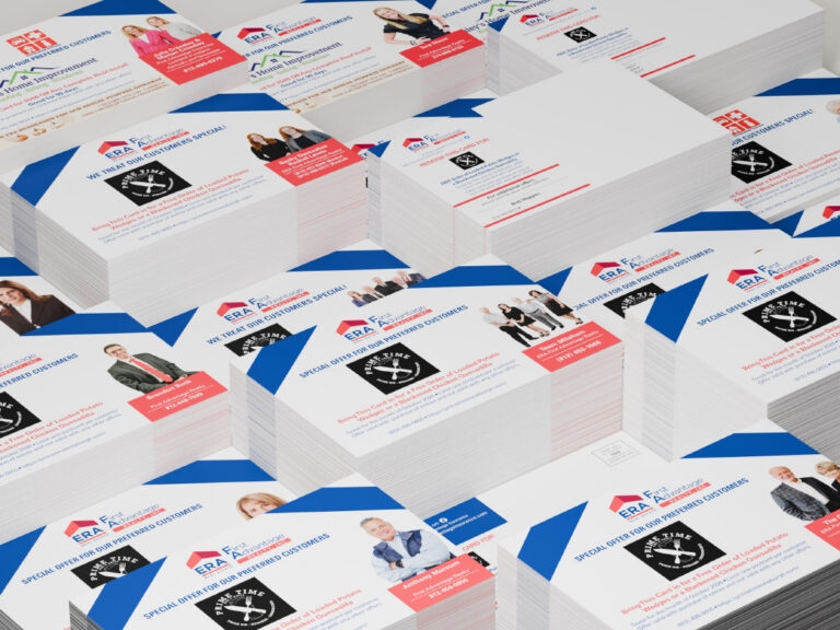 Coordinated ERA promotional postcards with different agent photographs, contact details and customer offers.