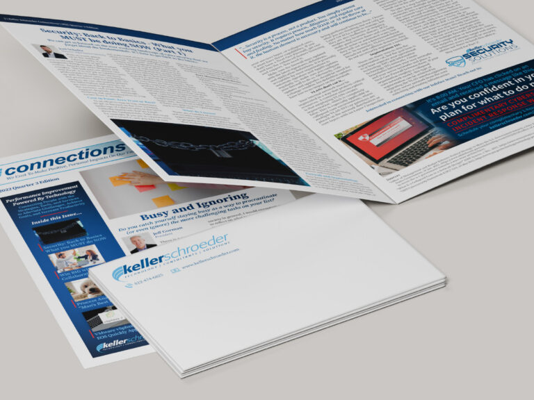 Printed Keller Schroeder newsletters shown open and folded, with technology articles and blue headings.