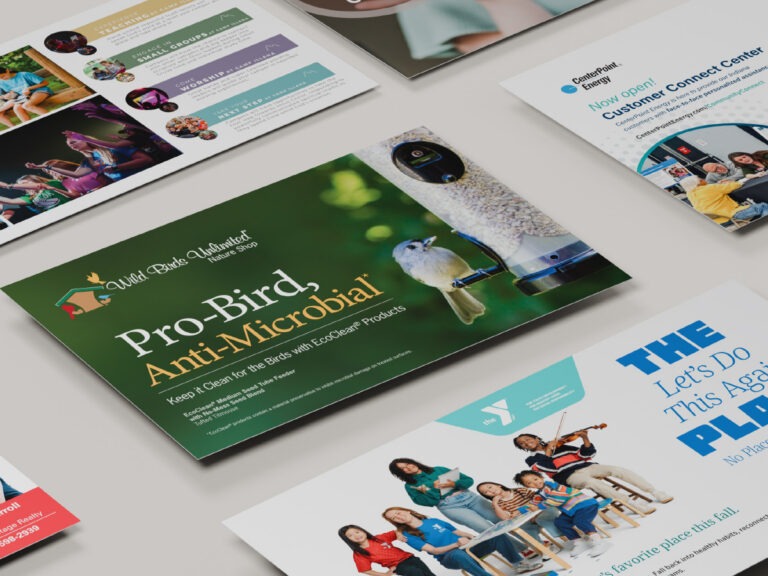 Printed promotional postcards featuring Wild Birds Unlimited, YMCA and CenterPoint Energy designs.