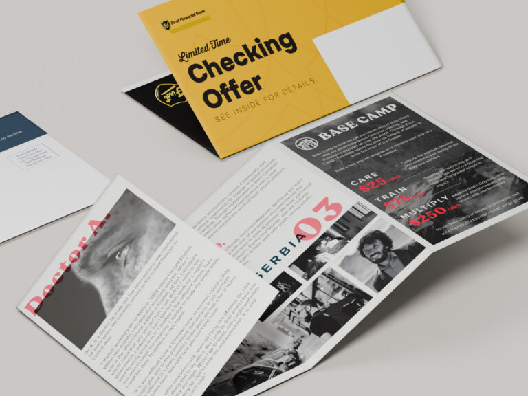 Folded self-mailers featuring a yellow First Financial Bank checking offer and an open nonprofit fundraising appeal.